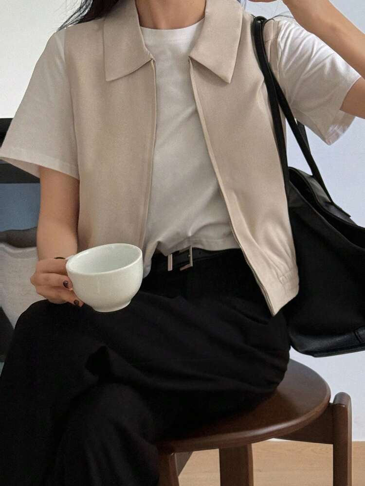 Women's Casual Plain Collared Sleeveless Zip-Up Top