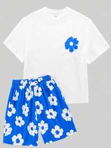 SHEIN Ensemble haut à manches courtes et short imprimé floral bleu et blanc pour adolescents garçons, style décontracté de vacances, confortable et polyvalent, convient pour l'école, les voyages, les sports, la plage
