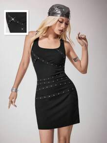 Y2Kool Mystic heart Grunge Punk Women's Sleeveless Sexy Black Tank Mini Dress With Stud Rhinestone Ribbon Detail - Suitable For Beach Graduation Easter Concerts Nashville Music Festivals Summer Black Dress Black Mini Dress Bodycon Dress Racerback Dress Studded Dress Black Club Dress Y2K 2000s Back To School Club Outfits Women Sexy - Black - View 6