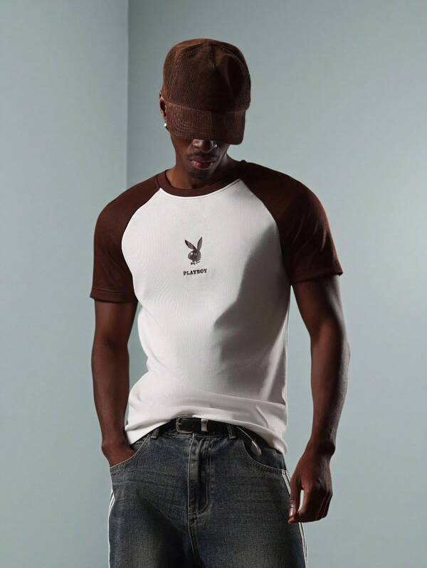 PLAYBOY X SUMWON T-Shirt Baseball Raglan, Col Rond Côtelé, Coupe Classique, Streetwear, Tenue de Détente