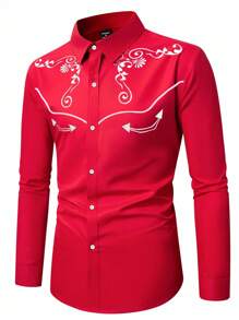 Manfinity RSRT Men's Western Style Floral Print Long Sleeve Single-Breasted Shirt Men Cowboy Shirts Cowboy Shirt Western Shirt Rodeo Shirt Men Western Shirts - Red - View 4