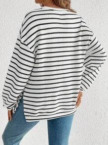 SHEIN 孕妇条纹圆领落肩长袖宽松休闲运动衫 - 灰色 - 查看 2