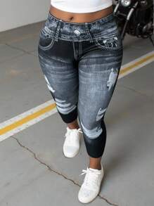 INAWLY Plus Size Women Denim Effect Print High Waist Capri Leggings