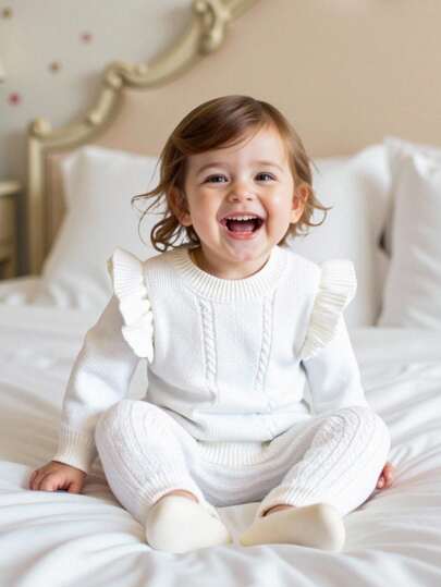 SHEIN Baby Girl Floral Trim Knit Sweater Set, Fashion Adorable Pullover Top And Pants Outfit,Fall Kids Clothes,Fall,Fall Clothes,Fall Dresses,Fall Outfits,Autumn,Autumn Clothes,Back To School,School Clothes,Back To School Outfits Kids,Homecoming,Hoco Dressses  Winter