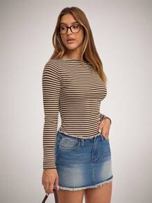 SHEIN Forever 21 女式秋季条纹船领长袖修身休闲T恤 - 咖啡棕 - 查看 6