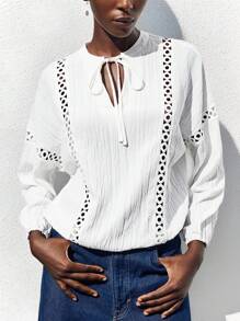 Maija 2025 Modern Elegant Notched Collar Bow-Tie Design Drop Shoulder Long Sleeve Oversized Women's Textured Shirt, Suitable For Early Autumn Back To School Season,4th Of July Women,Country Concert,Vintage,Teacher,Butter Yellow Top,Party,Cut-Out,Splicing/Panel/Patchwork Eyelet Blouse Eyelet Top Women Summer White Hollow Out Blouse - White - View 3