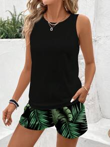 SHEIN LUNE 2 件套女士休闲圆领背心和短裤套装，适合夏季、度假、热带叶印花女士夏季服装套装夏季短套装女士短套装女士度假背心和短裤套装女士短套装适合外出 - 彩色 - 查看 6