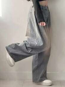 DAZY 女式宽松插袋阔腿休闲牛仔裤，宽松牛仔裤 - 中等水洗藍 - 查看 3