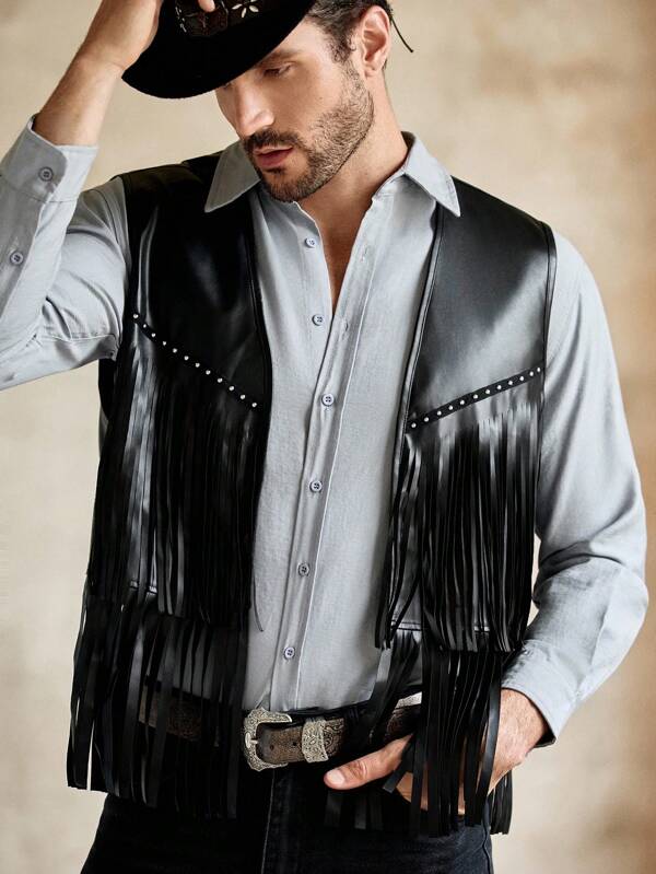 HIMLAND Men's Casual PU Leather Sleeveless Fringed Solid Color Western-Style Vest Mens Fringe Vest Western Wear For Men Cowboy Shirt For Men Mens Western Vest Mens Country Concert Outfit Cowboy Vest