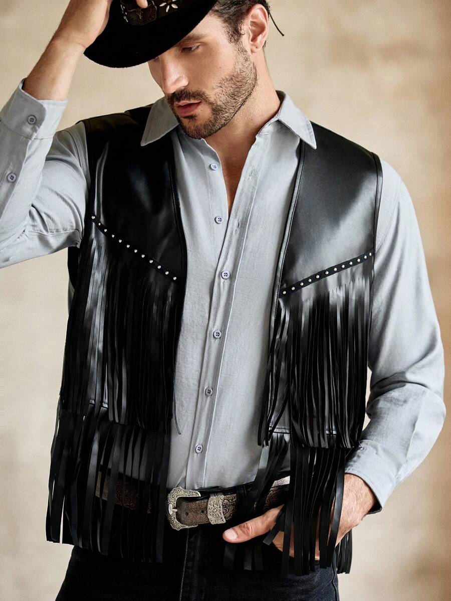 HIMLAND Men's Casual PU Leather Sleeveless Fringed Solid Color Western-Style Vest, Country Concert Cowboy Vest, Grunge - Black - View 1