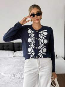 SHEIN Frenchy Women's French Casual Floral Embroidered Cardigan,Navy Blue Floral,Autumn,Vintage,Brunch,Single-Breasted Long Sleeve Tops,Old Money Business Casual - Multicolor - View 3