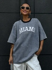 Livesso 女式夏季圆领短袖刺绣字母牛仔上衣 - 藍色 - 查看 2