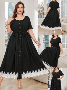 Lacomfia Legeres, einfarbiges Kleid mit Spitzenkante, Tunnelzug in der Taille, weite Form, Frühjahr/Sommer, Große Größen - Schwarz - Übersicht 1