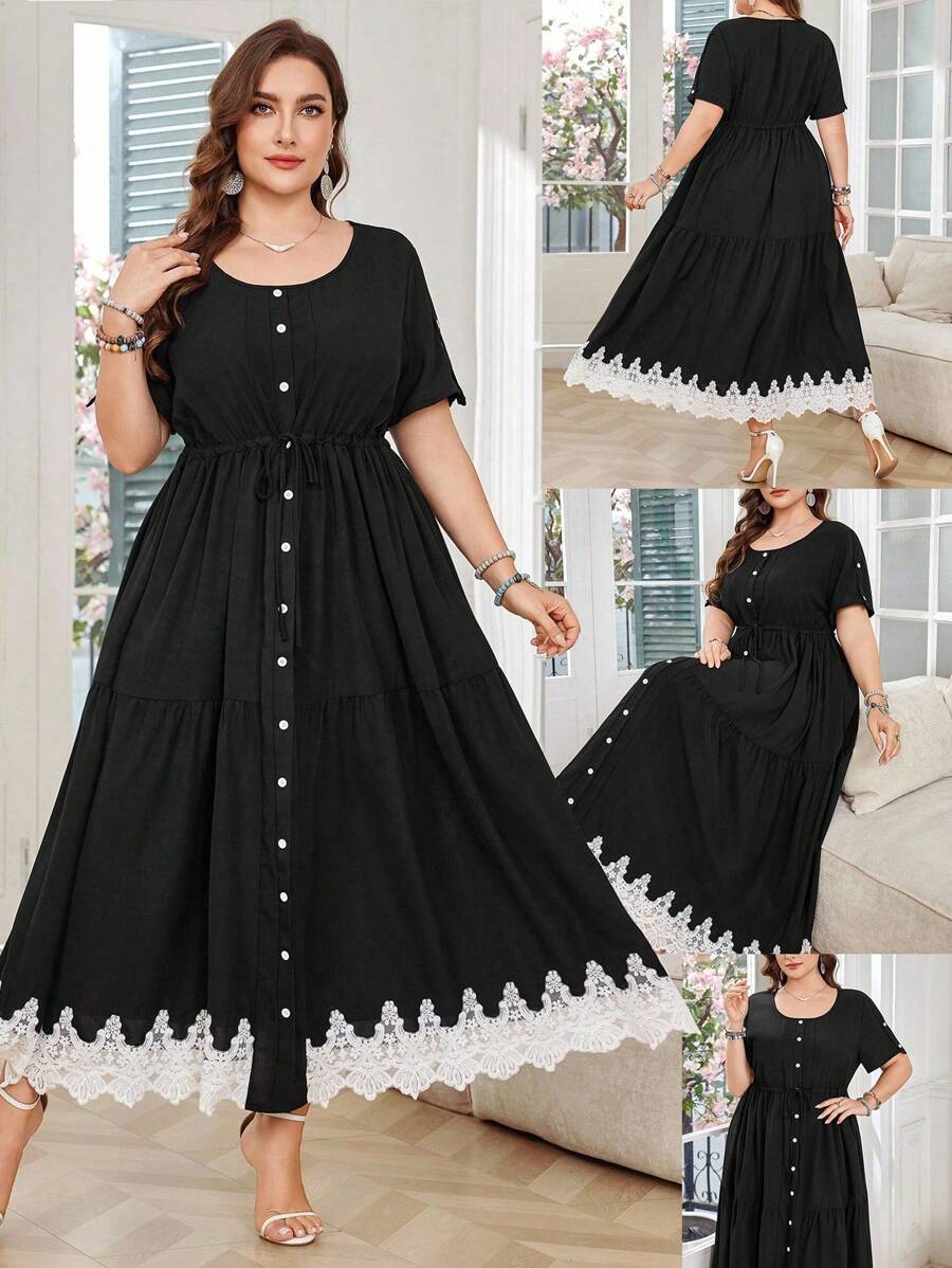 Lacomfia Legeres, einfarbiges Kleid mit Spitzenkante, Tunnelzug in der Taille, weite Form, Frühjahr/Sommer, Große Größen - Schwarz - Übersicht 1