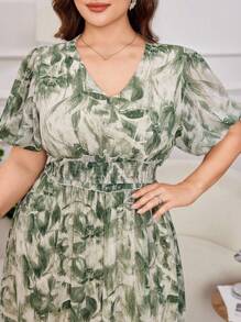 Modelyn 大码女式时尚优雅印花束腰喇叭裙 - 綠色 - 查看 5