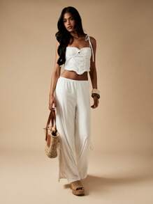 MISSGUIDED Pantalones de pierna ancha de verano con ojales, cintura con lazo, pierna dividida para uso en playa y resort, pantalones palazzo para vacaciones, con lazos laterales, estilo bohemio, informal y cómodo - Blanco - Ver 6