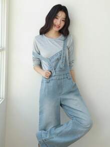 K-Vae 女士浅蓝色水洗阔腿牛仔背带裤，韩版秋季女装，秋季女装，返校服，教师装 - 淺色水洗藍 - 查看 6