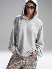 LYSMO Sudadera holgada con caída de hombros, decoración de strass, estilo casual para primavera/otoño - Gris Claro - Ver 10