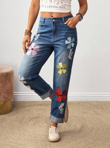 SHEIN Tall Damen Lässig Jeans mit besticktem Blumenmuster und Taschen