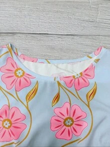 EMERY ROSE Áo kiểu nữ mùa xuân/hè, màu hồng in hoa, chất liệu sợi tre, cổ tròn, tay bồng, tay ngắn. - Màu xanh lam - Xem 3