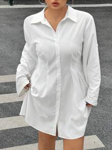 SHEIN EZwear Plus Size Casual White Button-Front Shirt Dress,Adjustable Sleeves,Fall,Winter,Work,Teacher,Business,Office,School,Going Out,Back To School