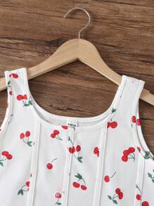 Sparklyn 少女樱桃印花不对称下摆无袖上衣和牛仔短裤两件套 - 白色 - 查看 6