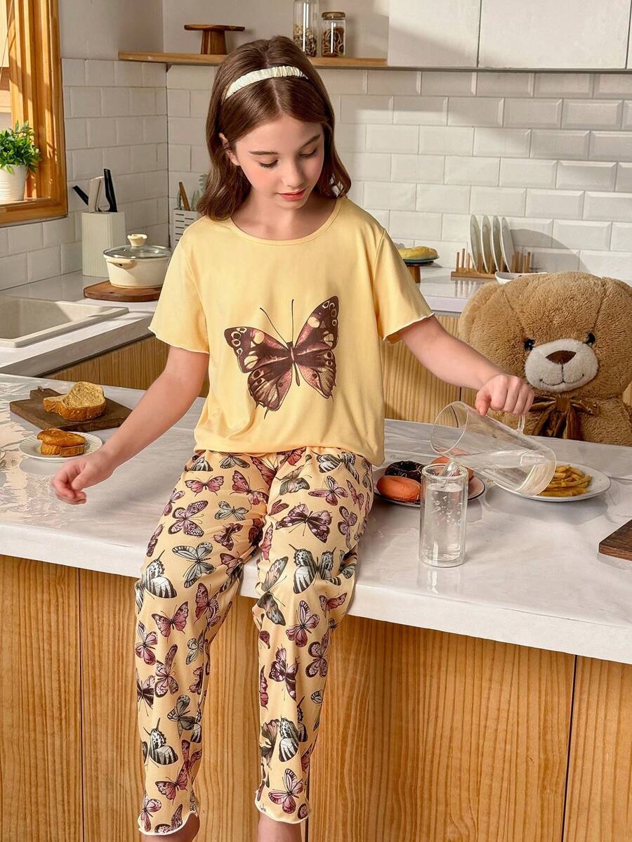 SHEIN 女童蝴蝶印花短袖睡衣套装