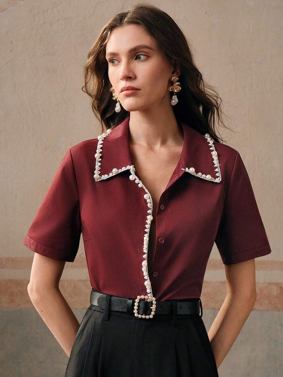 Women's Fashion Urban Studded Pearl Trim Collar Blouse