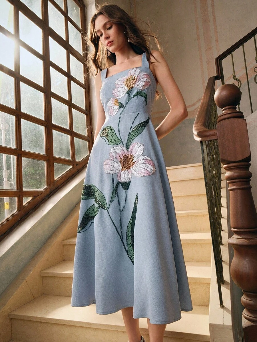 Anewsta 女士奢华度假风格细肩带性感露背水钻花朵图案晚礼服