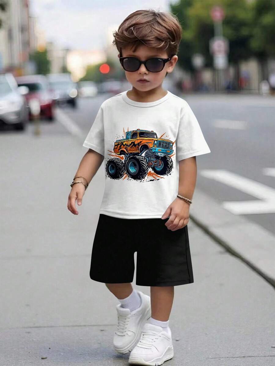 SHEIN Monster Truck & Young Boy Cartoon Pattern Casual Short Sleeve T-Shirt And Shorts 2pcs Set, Summer Retro Kids Outfitboys Outfit Kids Setkids Retro Outfit