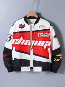 Tween Boy Jacket, Colorblock Print Design, Black Red White Combination, Fashion Casual Streetwear, Spring Autumn - White - View 3