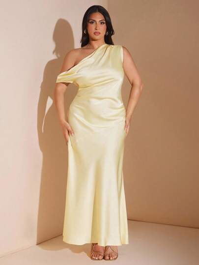 SHEIN BAE 女士性感简约纯色黄色缎面不对称单肩镂空露背系带长裙，适合派对、酒会、正式场合、伴娘服、生日迷你裙