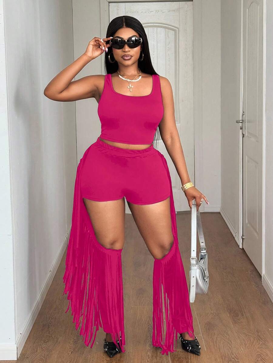 Maweii 2 Stücke Sexy Crop Top in Große Größen mit Quasten-Detail und Oberschenkel-Ausschnitt Design - Heißes Pink - Übersicht 1