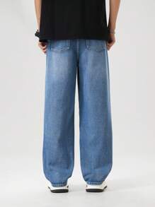 SHEIN Jeans casual e versatili per ragazzi adolescenti, capo di moda semplice e comodo, pantaloni in denim con gamba ampia e vestibilità comoda, lavaggio dell'acqua, effetto slavato e strappato, colore nero