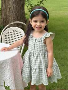 Baby Girls Casual Embroidered Green & White Plaid Flutter Sleeve Bowknot Waist Ruffle Hem A-Line Dress, Simple & Fresh For Summer - Multicolor - View 1