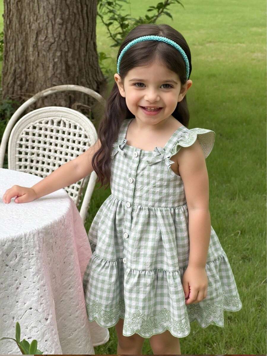 Baby Girls Casual Embroidered Green & White Plaid Flutter Sleeve Bowknot Waist Ruffle Hem A-Line Dress, Simple & Fresh For Summer - Multicolor - View 1