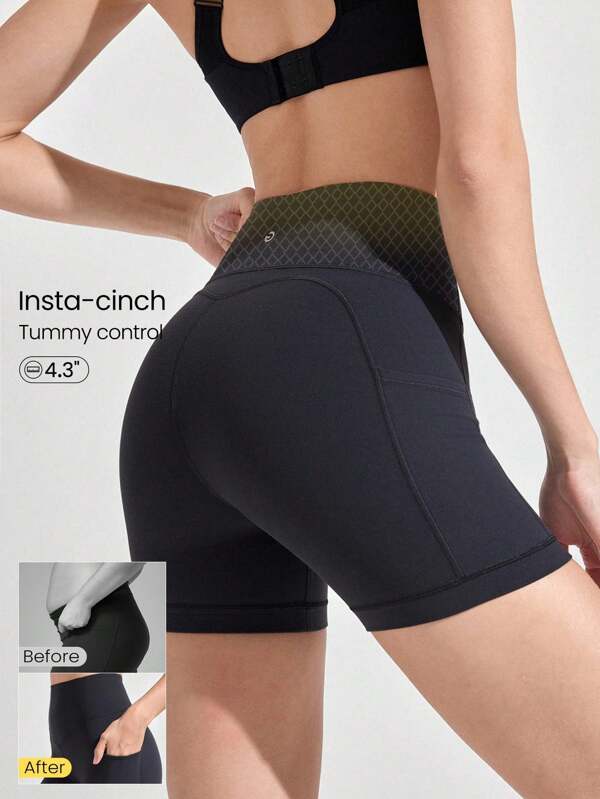 GLOWMODE 4.3'' FeatherFit™-Sculpt Insta-Cinch Tummy Control Shorts With Side Pockets Non-Slip Grips Medium Impact Running Jogging Training Gym Workout