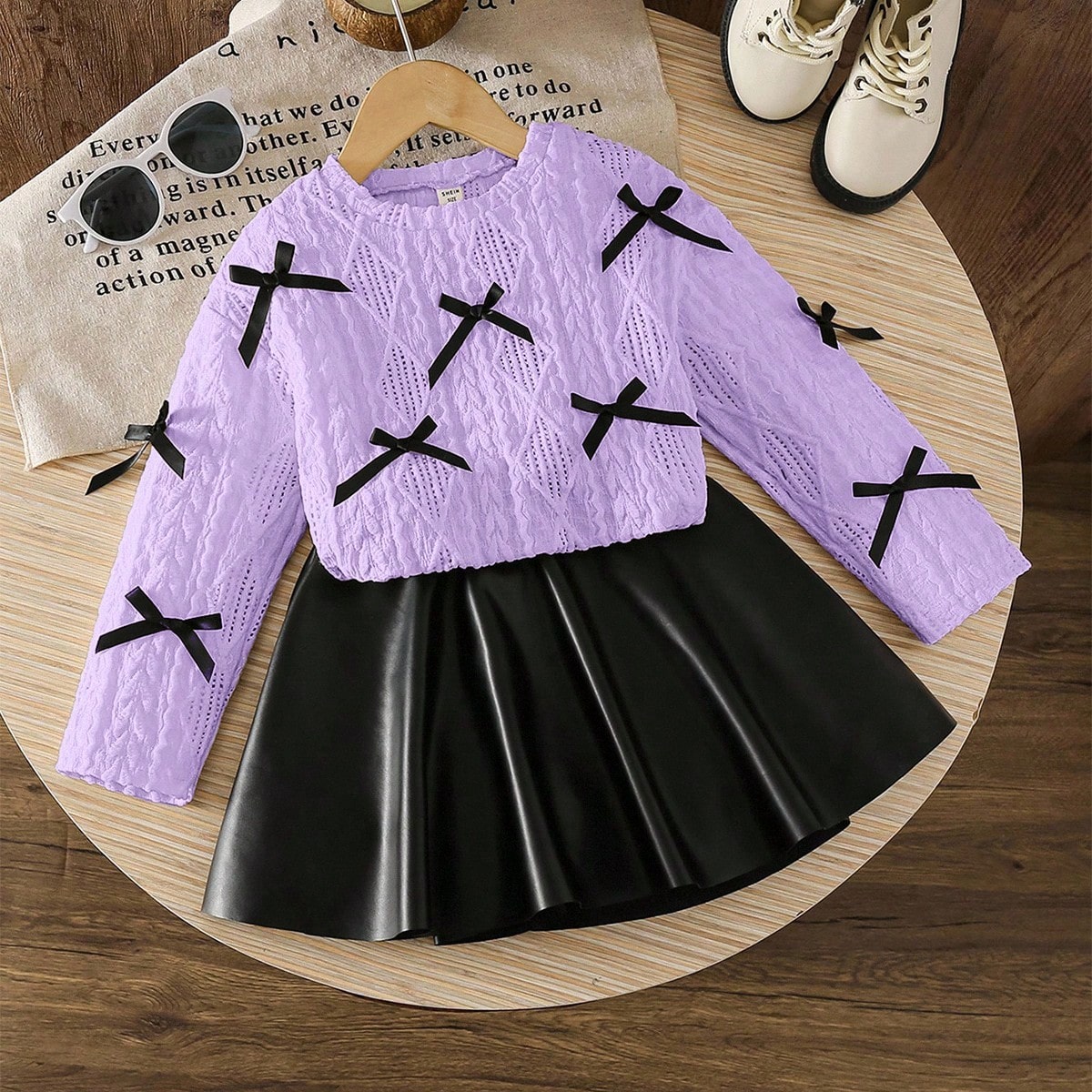 LMoss Mädchen Lässig Pullover mit Schleifen-Dekoration & einfarbiger Trikot-PU-Leder Lässig Rock Set, geeignet für den täglichen Gebrauch - SHEIN - Modalova