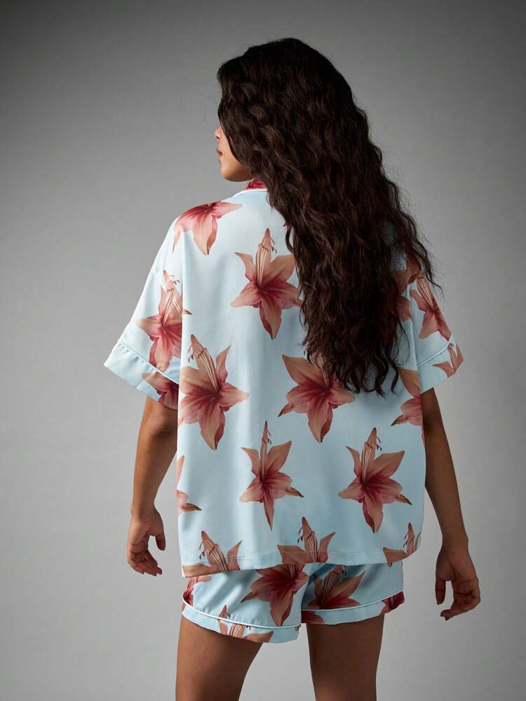 Floral Print Satin Button Down Pajama Set With Shorts