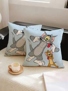 TOM & JERRY X SHEIN Bộ vỏ gối có thể tháo rời dùng làm vỏ gối ngủ/tựa lưng/trang trí, phụ kiện giường ngủ trong phòng ký túc xá (chỉ có vỏ vuông, không có ruột) - Màu xanh nhạt - Xem 5