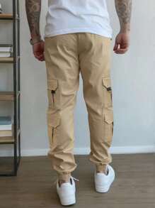 Manfinity Homme Men's Khaki Multi-Pocket Cargo Pants, Casual Tapered Leg Trousers, Fall - Khaki - View 2