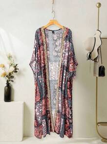 Al Najma Áo khoác cardigan tay cánh dơi in hoa cỡ lớn cho nữ & váy không tay trang phục Ả Rập - màu xanh lá - Xem 3