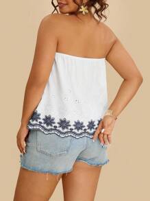 Travachic Top tubinho plus size feminino com bordado floral azul e branco, casual, solto, praia/resort, estilo boêmio havaiano