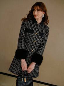 MOTF PREMIUM TWEED CONTRAST FAUX FUR COAT - Black - View 1