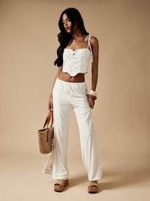 MISSGUIDED Pantalones de pierna ancha de verano con ojales, cintura con lazo, pierna dividida para uso en playa y resort, pantalones palazzo para vacaciones, con lazos laterales, estilo bohemio, informal y cómodo - Blanco - Ver 3
