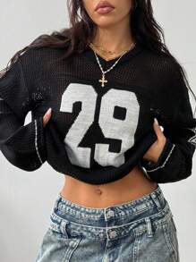 Coolane Women's & Men's Couple Same Style Knit Striped & Number Printed Oversized Jersey Cover Up Sweater,New Year Eve /Valentine's Day Fall Tops,Tops For School - Black - View 4