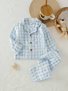 Genkimix Kids 2 件套婴幼儿男童蓝白格子图案木质纽扣领开衫和裤子，舒适睡衣套装