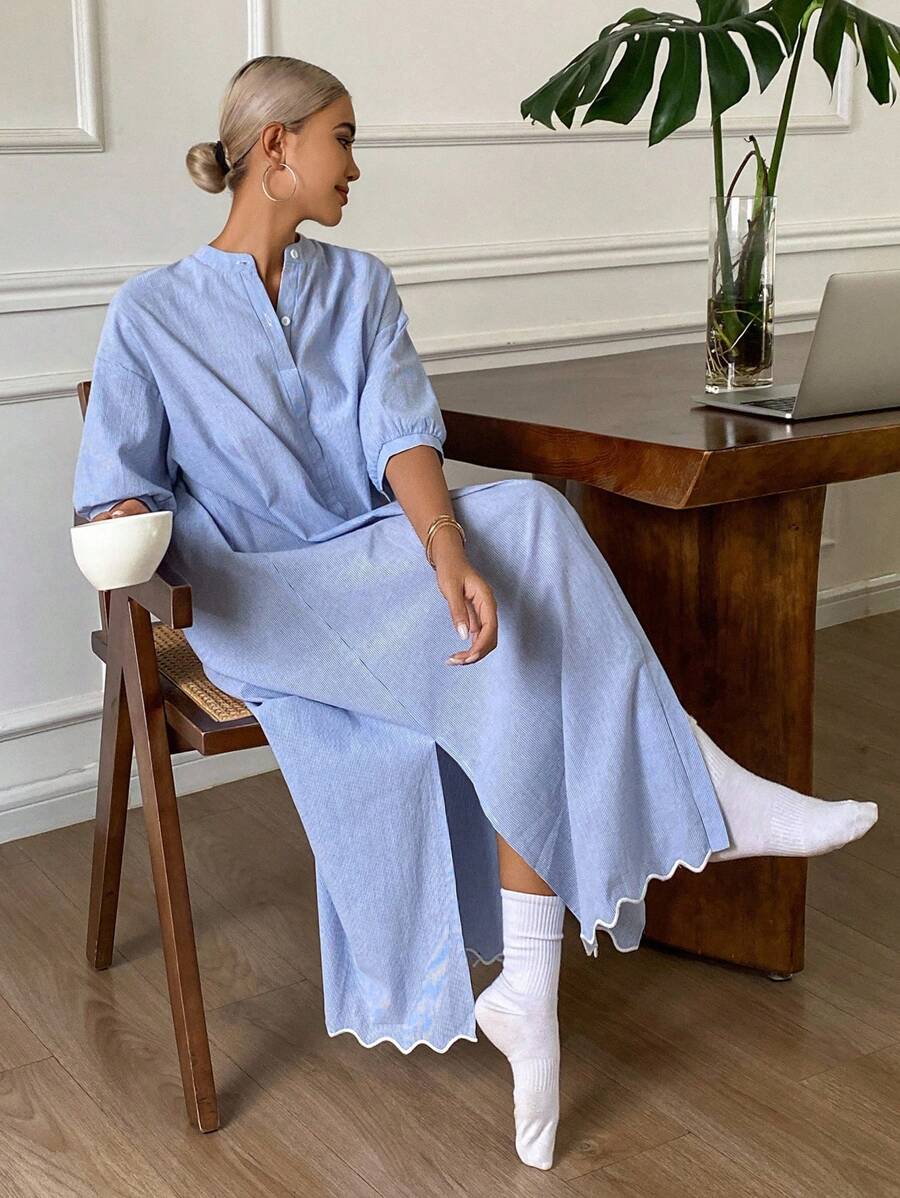 DAZY Minimalist Long Women's Nightgown, Moo Moo Lounge Dress Pajama - Blue and White - View 1