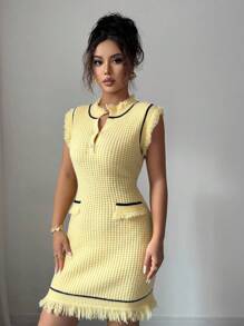 Rafferiza Robe pull en tricot avec boutons devant, détails à franges pour femmes. Vêtements pull en tricot pour l'université - Jaune citron - Voir 6