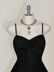 SHEIN ICON 加大码方领褶饰蕾丝拼色吊带裙，Y2K 风格派对礼服 - 黑色 - 查看 4